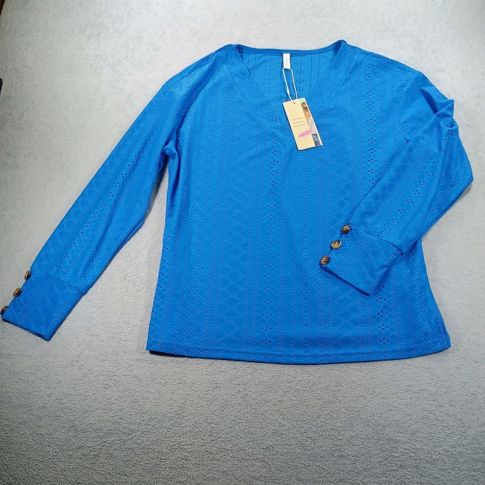 Dokotoo Womens Eyelet Crochet V-Neck Top Blue Medium Button Cuff NWT